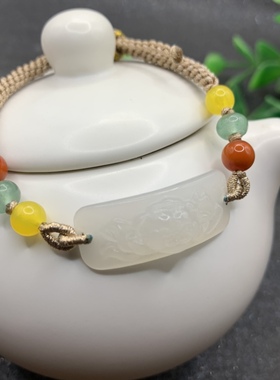 天然和田玉白玉莲花手牌手工编织玉手牌手链连年有余手绳女送证书
