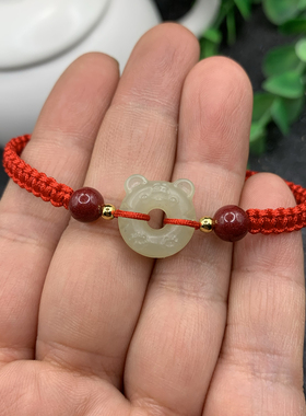 天然和田玉老虎平安扣手链手工编织和田玉生肖虎手绳本命年红绳