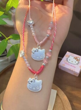 儿童足银999猫头纯银hellokitty编绳凯蒂猫银项链吊坠送女友礼物