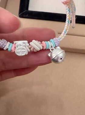 足银999hellokitty猫纯银手链女铃铛可爱编织手绳送女友闺蜜礼物