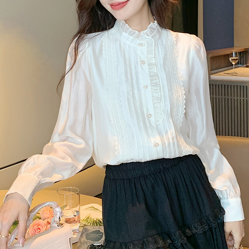 法式高级感木耳边长袖立领衬衫女2025春季新款别致减龄气质白上衣