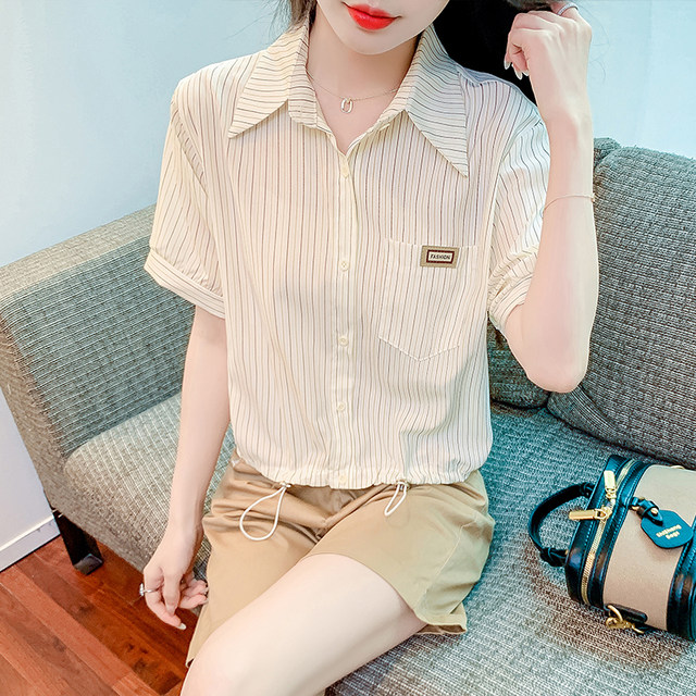 ເສື້ອຢືດ chiffon striped pollar ຝຣັ່ງສໍາລັບແມ່ຍິງ