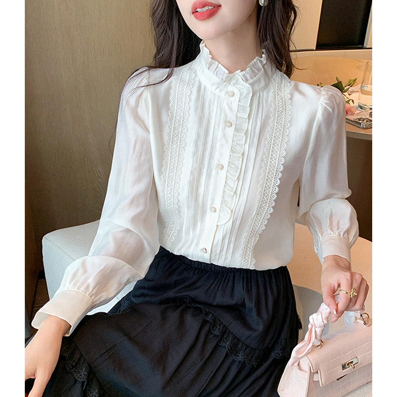 法式高级感木耳边长袖立领衬衫女2025春季新款别致减龄气质白上衣