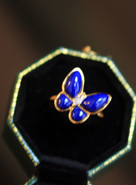 缘绘凤仪 s925纯银镀金天然青金石蝴蝶戒指活口设计款高级