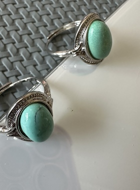 缘绘凤仪 40 天然绿松石 开口戒指 镀银 瓷蓝  实物拍