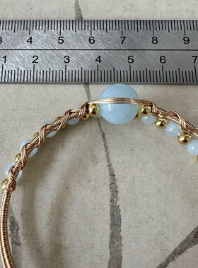 缘绘 天然海蓝宝 铜镀金丝缠绕编织手环手镯