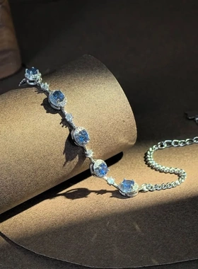 缘绘凤仪 s925银镶嵌天然蓝宝石手链蓝色治愈系时尚百搭设计女款
