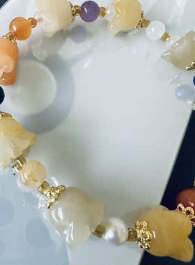 缘绘凤仪 编码05 天然新疆金丝黄玉葫芦兰花 手串 古风女款