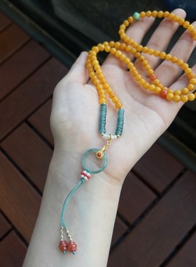 缘绘凤仪天然鸡油黄蜜蜡多圈手链925银镀金中国风a货蓝水翡翠跑环