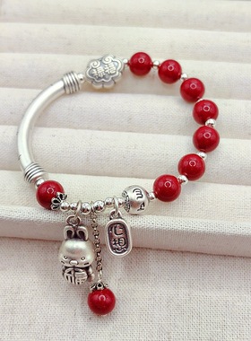 缘绘凤仪 3D硬银999足银弯管狐狸福禄紫金砂朱砂手串国潮古风