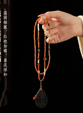 缘绘凤仪复古龙涎合香绿度母佛牌项链新中式国风南红玛瑙平安项坠