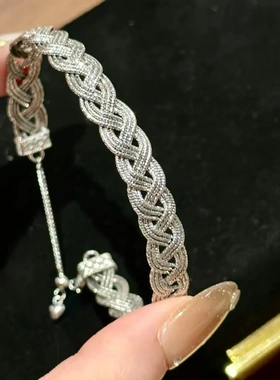 缘绘凤仪 S925银镭射球麻花蕾丝手链女时尚编织轻奢麦穗蕾丝手链