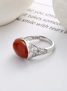 缘绘凤仪S925纯银复古做旧祥云镂空图案镶嵌大南红色石古风开口