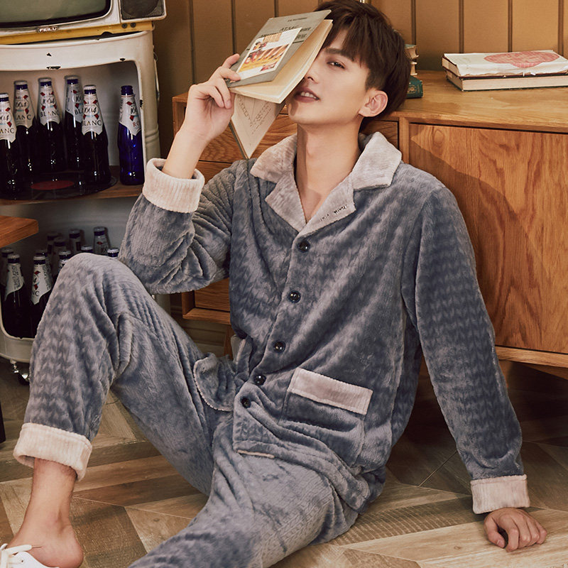芬腾男士秋冬款珊瑚绒加绒加厚睡衣 芬腾广东睡衣/家居服套装