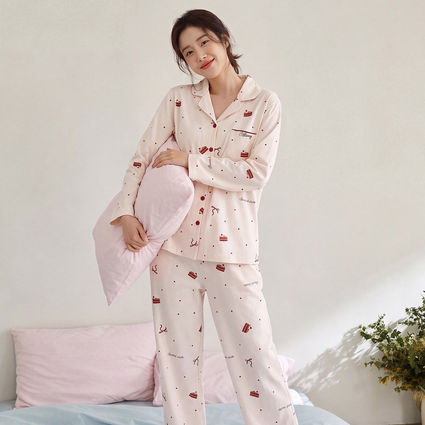 芬腾2026新款翻领纯棉睡衣女甜美风开衫长袖秋季可外穿家居服套装 款居实拍商品图