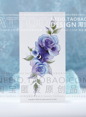 neeio蓝色玫瑰花纹身贴 清新脚踝肚皮遮盖疤痕剖腹产竖疤防水女