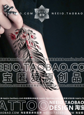 neeio纹身贴 个性黑色羽毛大图 花臂小腿遮盖小腹部横疤痕防水女
