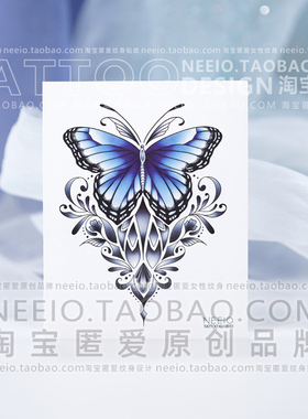 neeio蓝色蝴蝶图腾纹身贴 脚踝手臂颈后遮挡疤痕防水女纹身贴纸