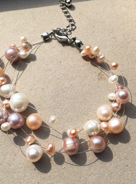欧美波西米亚风20层多层天然淡水糖果色珍珠满天星复古气质项链