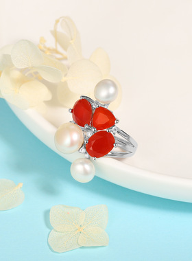 意大利设计师奢华天然红绿玛瑙托帕石925银极光淡水珍珠戒指耳环