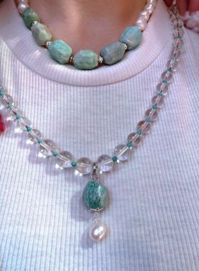 西班牙小众波西米亚人复古高级感天然珍珠天河石水晶项链锁骨链