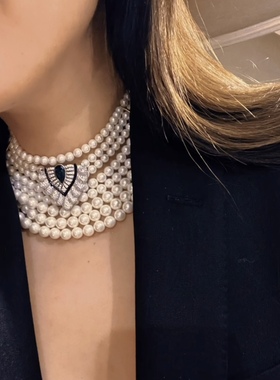 奢华贵妇法式复古老钱风极光澳白色贝壳珍珠多层气质晚宴礼服项链