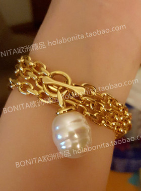 西班牙波西米亚复古极光澳白色16mm巴洛克珍珠OT扣项链男女情侣款