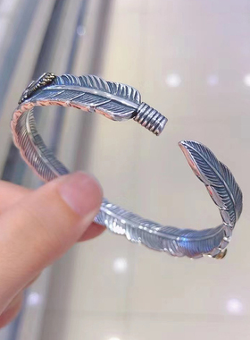 纯银复古潮流羽毛男女手镯个性开口情侣首饰镯子999足银简约手环