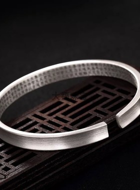 复古拉丝百搭光面开口佛经银镯子