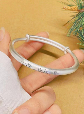 国潮古风女9999纯银荷花手镯