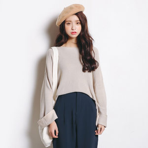 EAL羽迹2022春季韩版女装毛衣喇叭袖显瘦百搭纯色打底针织衫L102