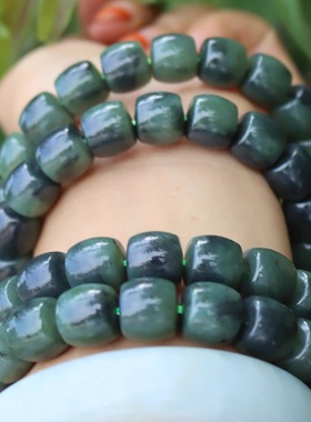 和田玉点墨青花籽料老型珠手串