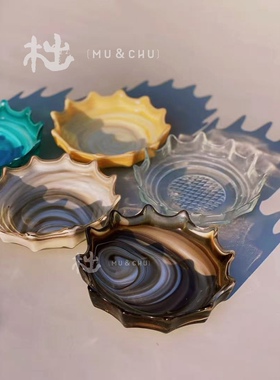 木出设计玻璃创意花器样板间琥珀色靛蓝色糖果色果盘组合摆件装饰