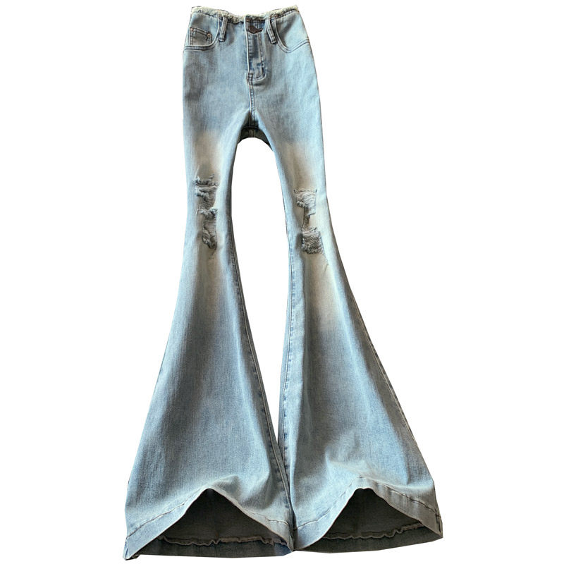 浅蓝色破洞大喇叭牛仔裤女夏季复古高腰毛边修身显瘦高个子微喇裤,淘宝优惠券,粉丝福利购,淘宝优惠卷