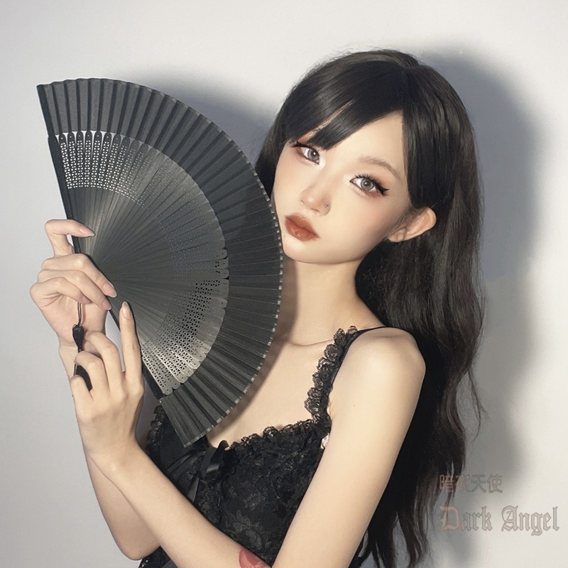 扇子折扇纸古风中国风蕾丝小巧黑色全竹骨扇女夏天便携jk折叠蹦迪 - 图0