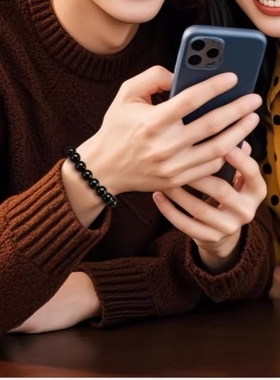 天然黑曜石手串男女款黑色原石保真情侣高端单圈圆珠手链百搭大气