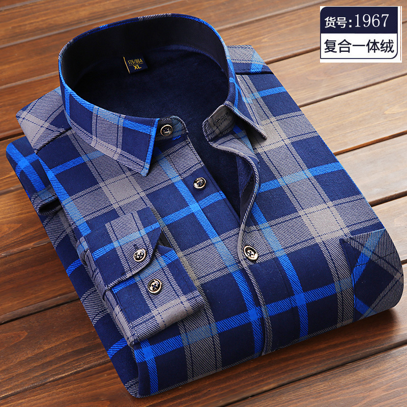 秋冬保暖衬衫男加绒加厚长袖大码中老年中国龙印花格子衬衣爸爸装 - 图0