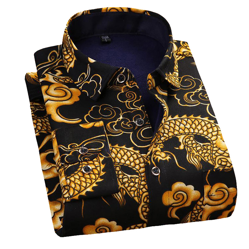 秋冬保暖衬衫男加绒加厚长袖大码中老年中国龙印花格子衬衣爸爸装 - 图3