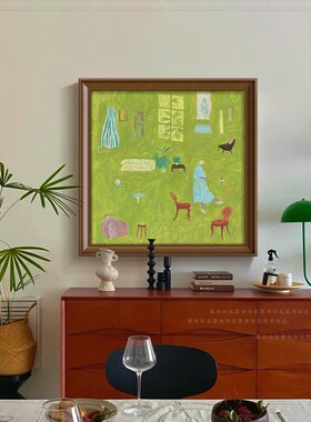 《绿意乐园》中古风绿色油画卧室装饰画法式复古小众客厅餐厅挂画