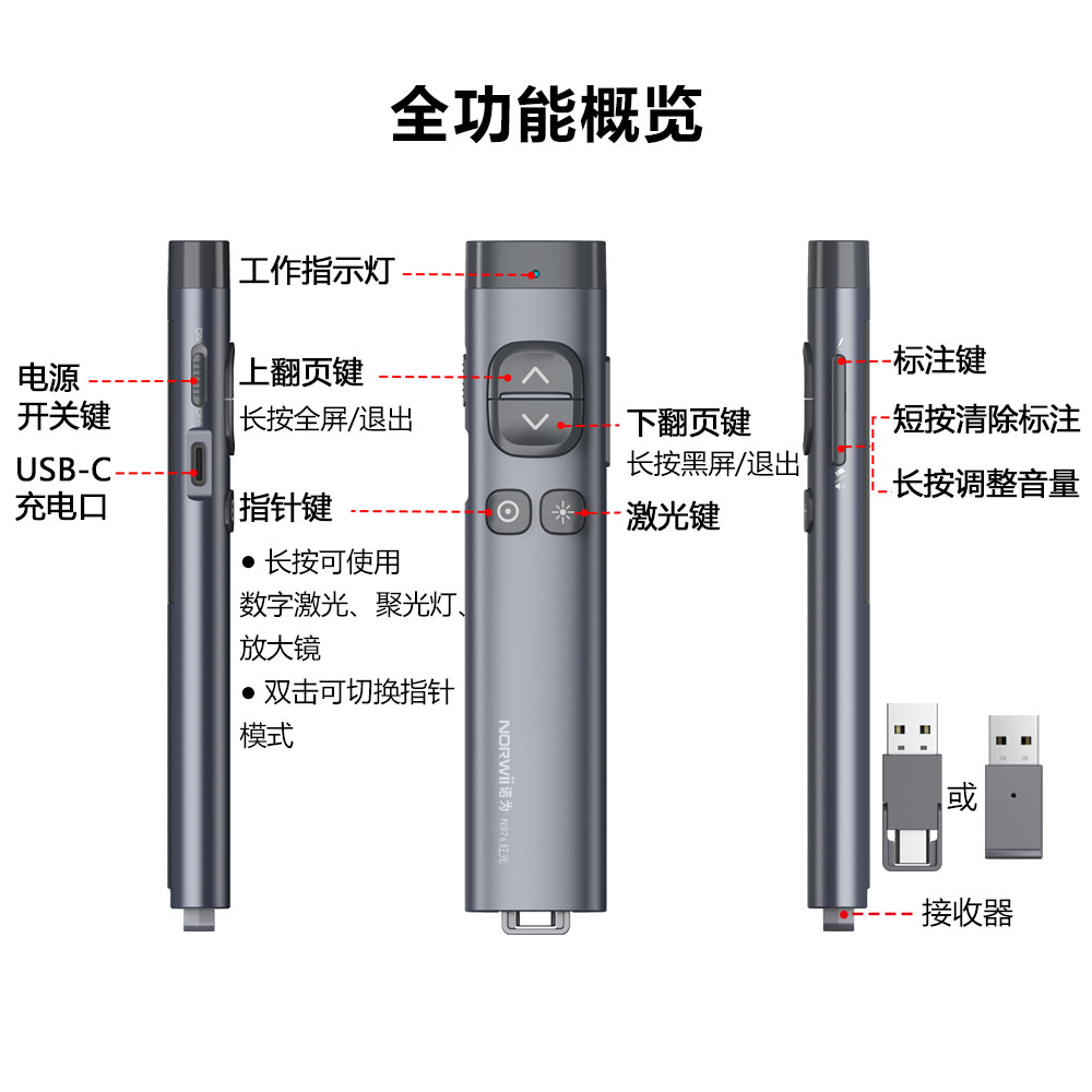 诺为N97s电脑ppt激光翻页笔蓝牙连接希沃电子白板投影仪专用遥控器幻灯片教师用多媒体控制多功能教学讲课-图3