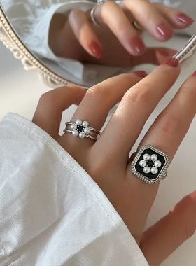 韩版珍珠花朵食指复古款戒指女ins轻奢小众开口可调节2023年新款