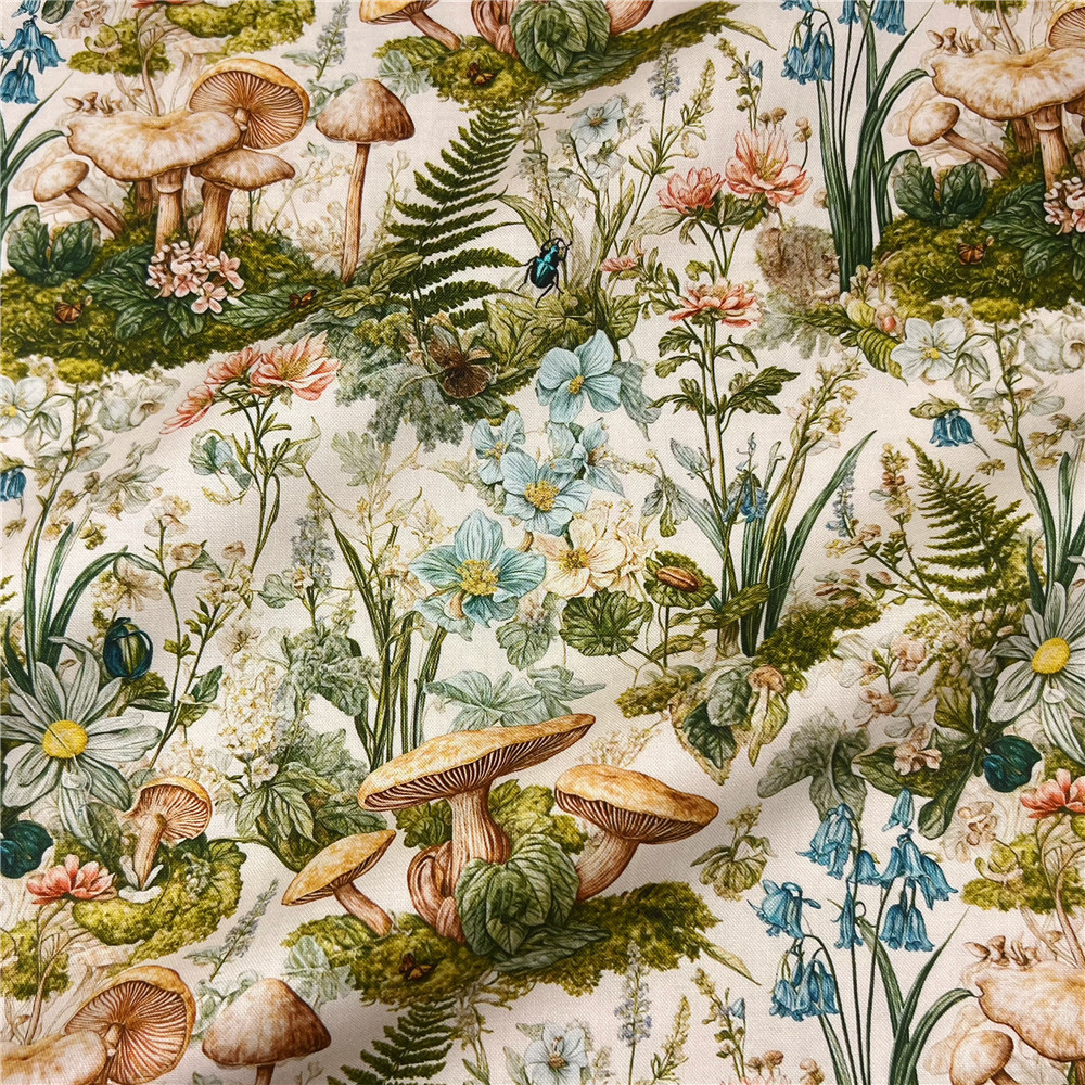 20支复古昆虫花园花卉蘑菇纯棉面料印花平纹棉布手工DIY布料服饰 - 图0
