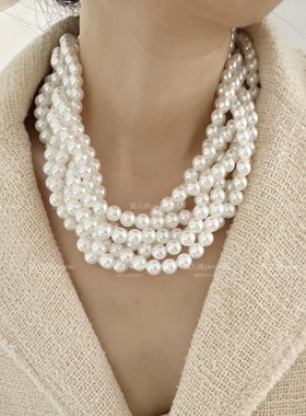 摇儿绕 编织缠绕多层仿珍珠串珠复古宫廷晚宴优雅花环项链颈链女