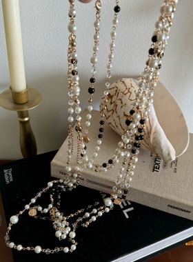 时髦多层叠戴仿珍珠串珠毛衣链女