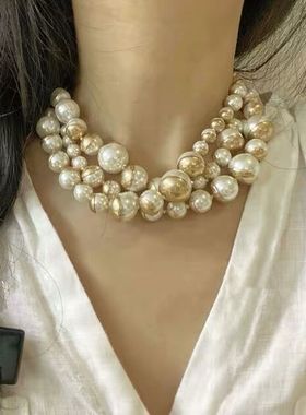 复古法式多层做旧珍珠项链