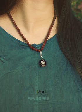 原创设计小叶紫檀木珠花琉璃项链