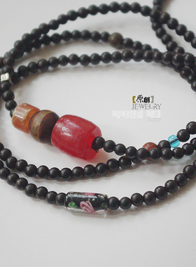 【骑单车的猫】原创设计黑檀串珠长项链红色琉璃文艺女锁骨链复古
