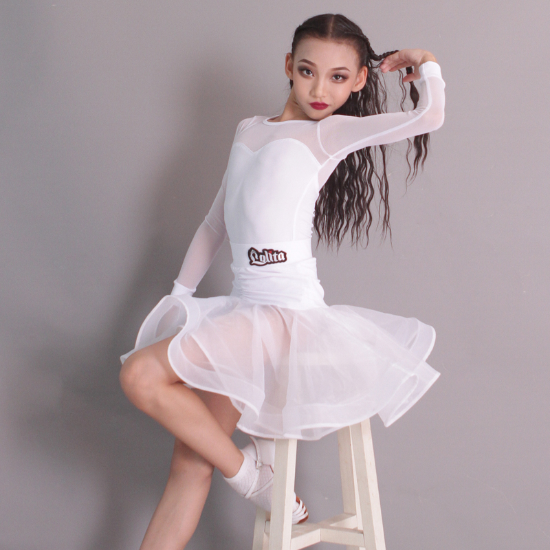 洛利塔儿童拉丁舞演出服白色女童舞蹈练功服少儿表演舞蹈练习服 - 图0