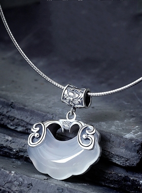 长命锁镶嵌天然复古如意吊坠项链