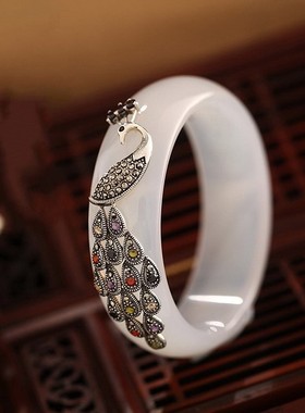 七彩纯银复古风马克赛白玉髓手镯